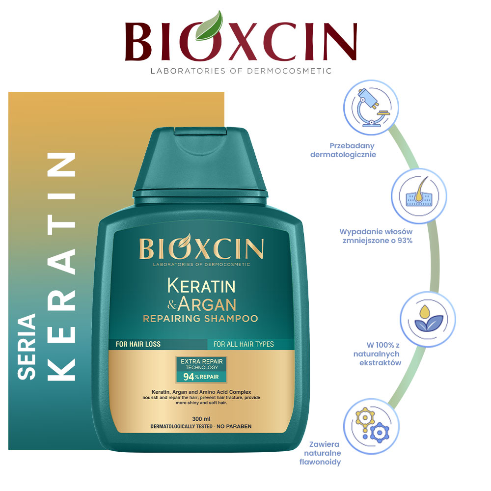 Zestaw Bioxcin Keratin & Argan - Szampon regenerująco - nawilżający 300 ml + 100 ml gratis